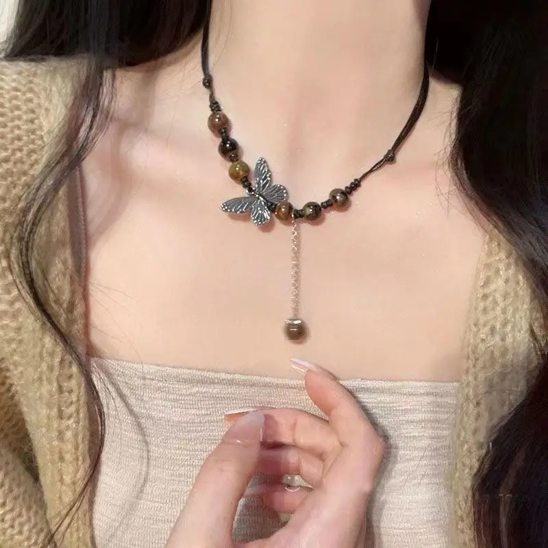 

New Chinese-Style Vintage Ceramic Butterfly Necklace Women's Ethnic-Inspired National Trend Ancient Style Collarbone Chain
