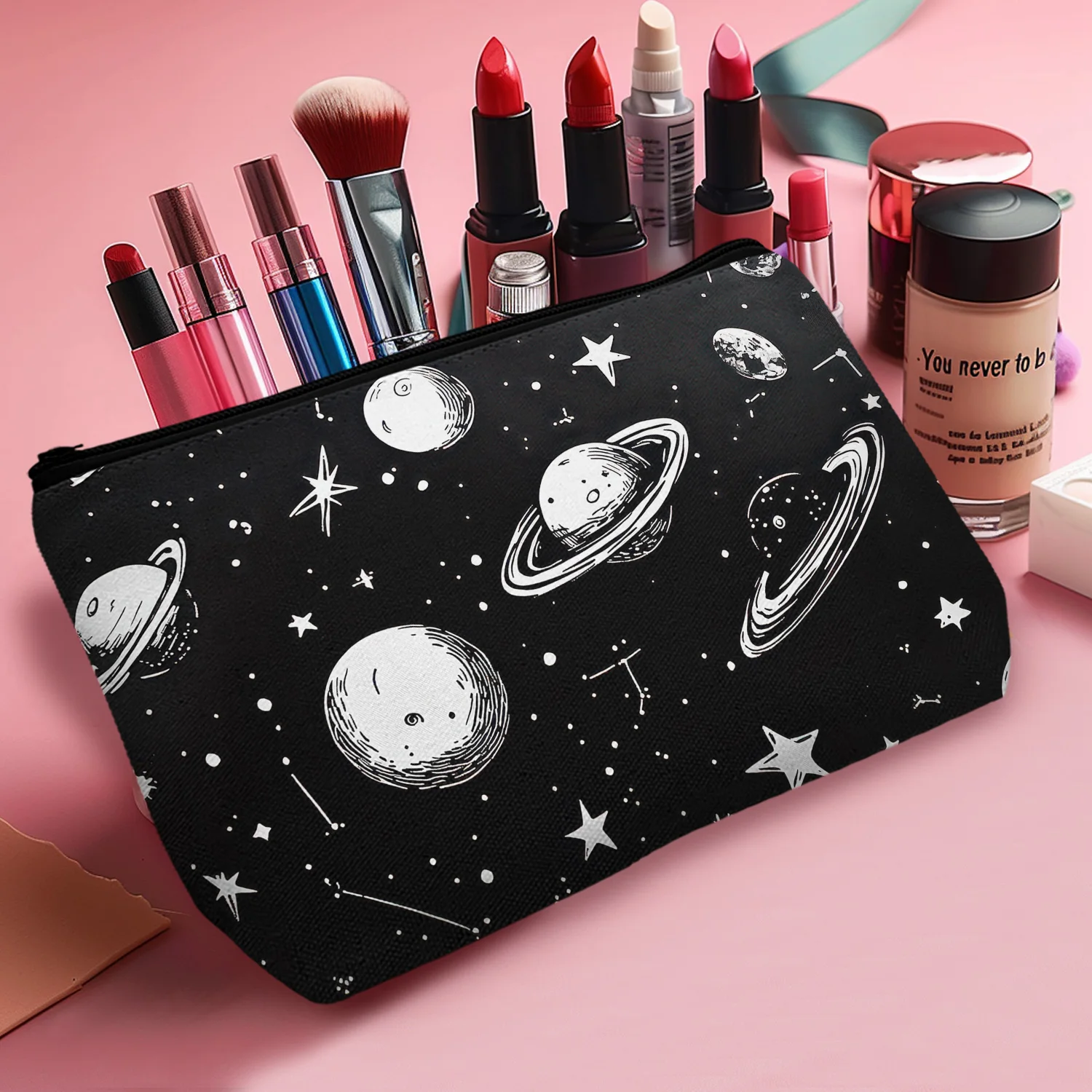 1Pc Space Star Makeup Bag Abstract Cartoon Style Universe Starry Sky Planet Reusable Cosmetic Bag With Zipper 8.66X5.51Inch