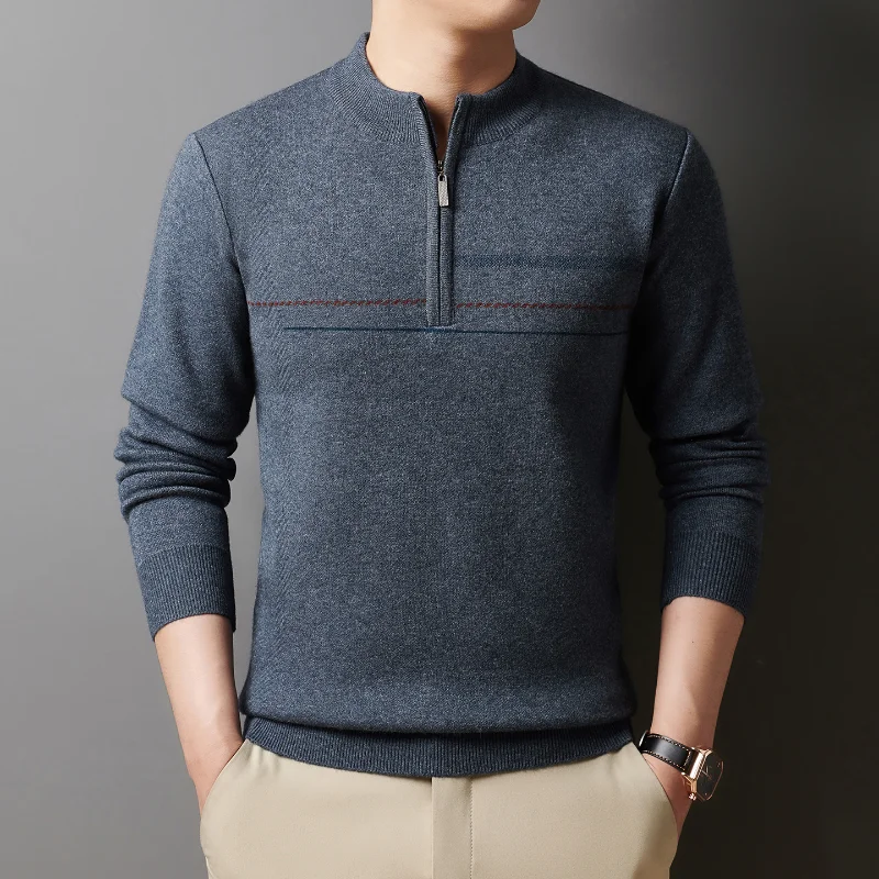 Autumn Winter Half High Neck Half Zip Anti Pilling Sweater Men's Middle Aged Casual Warm Knitted Thickened Undershirt