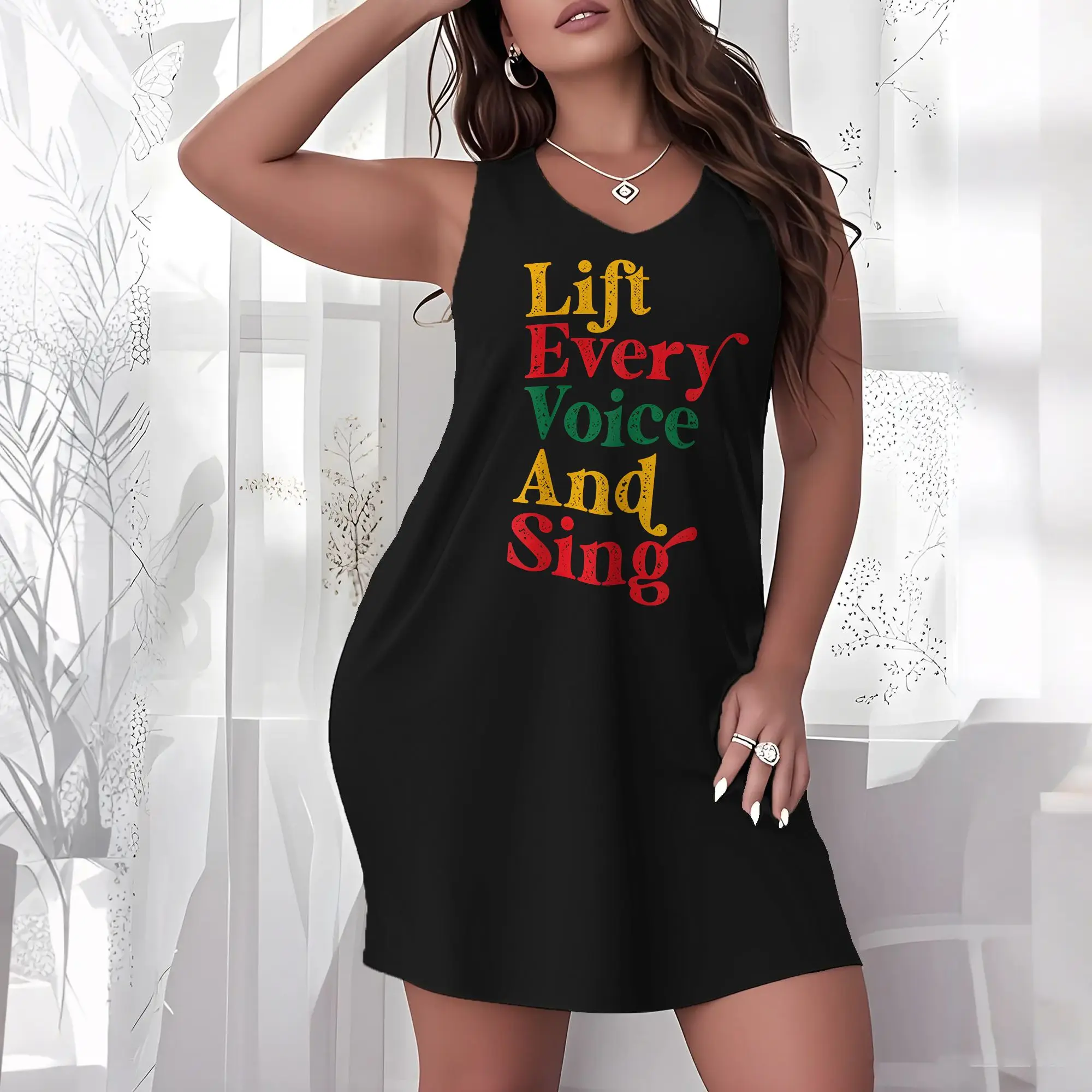Plus Size Women Sleeveless V Neck Night Dress Lift Every Voice And Sing Text Print African Heritage Slogan Loose Loungewear Sleep Gown