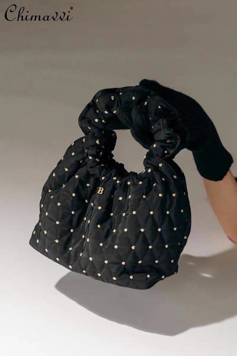 

Japanese Style Gold Thread Polka Dot Embroidery Retro Portable Women's Bag Casual Elegant Black Tote Bags Handbags All-match