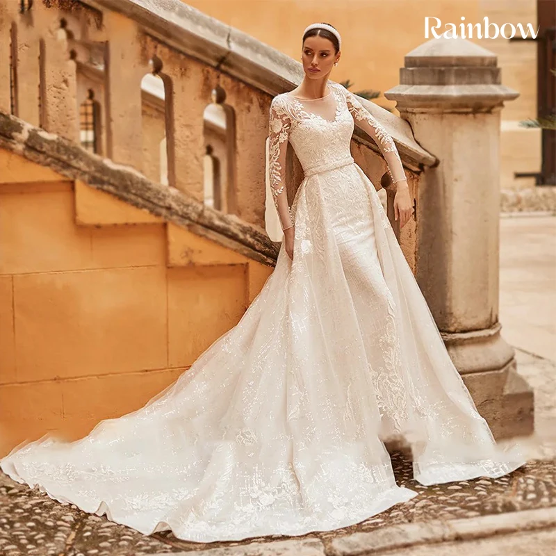 

Detachable Train Wedding Dress Embroidered Lace On Net With Mermaid Ball Gown Full Sleeve O-Neck Customized Bride Dress Button