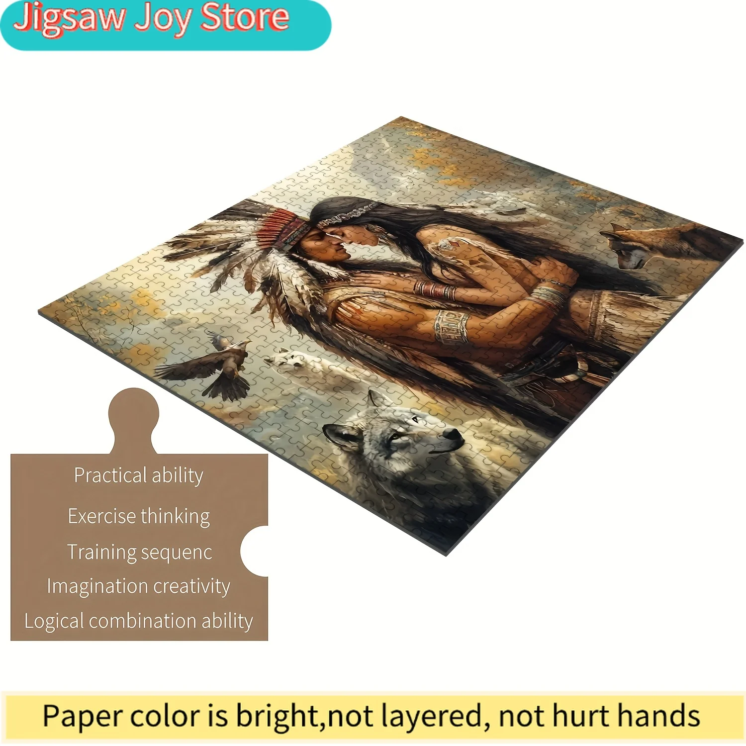 

Пазл для всей семьи - изображение индийской пары, обнимающейся с волком и орлом, средний уровень сложности, яркие цвета, портативный, в коробке.