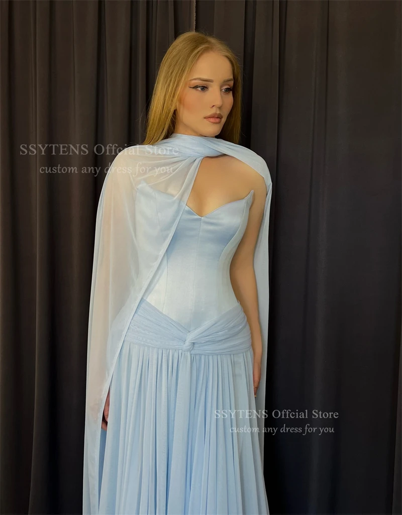 SSYTENS Light Blue Chiffon Evening Dresses Scarf Long Beach Elegant Wedding Guest Dresses Sleeveless Robe De Soirée Customized