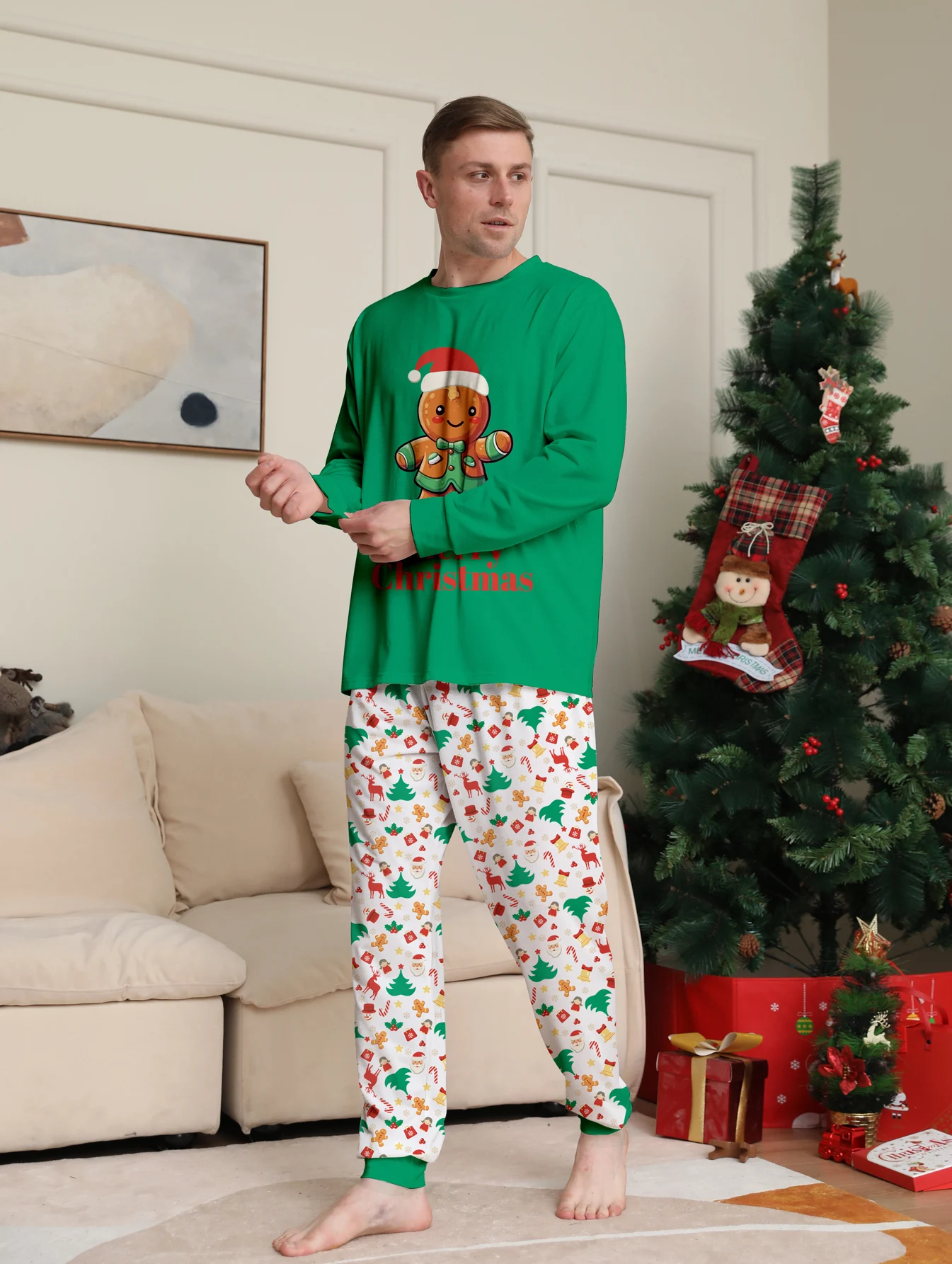 مجموعة بيجامة عيد الميلاد للرجال، بلوزة خضراء مع رجل خبز الزنجبيل، عنصر عيد الميلاد - سروال مملوء #3