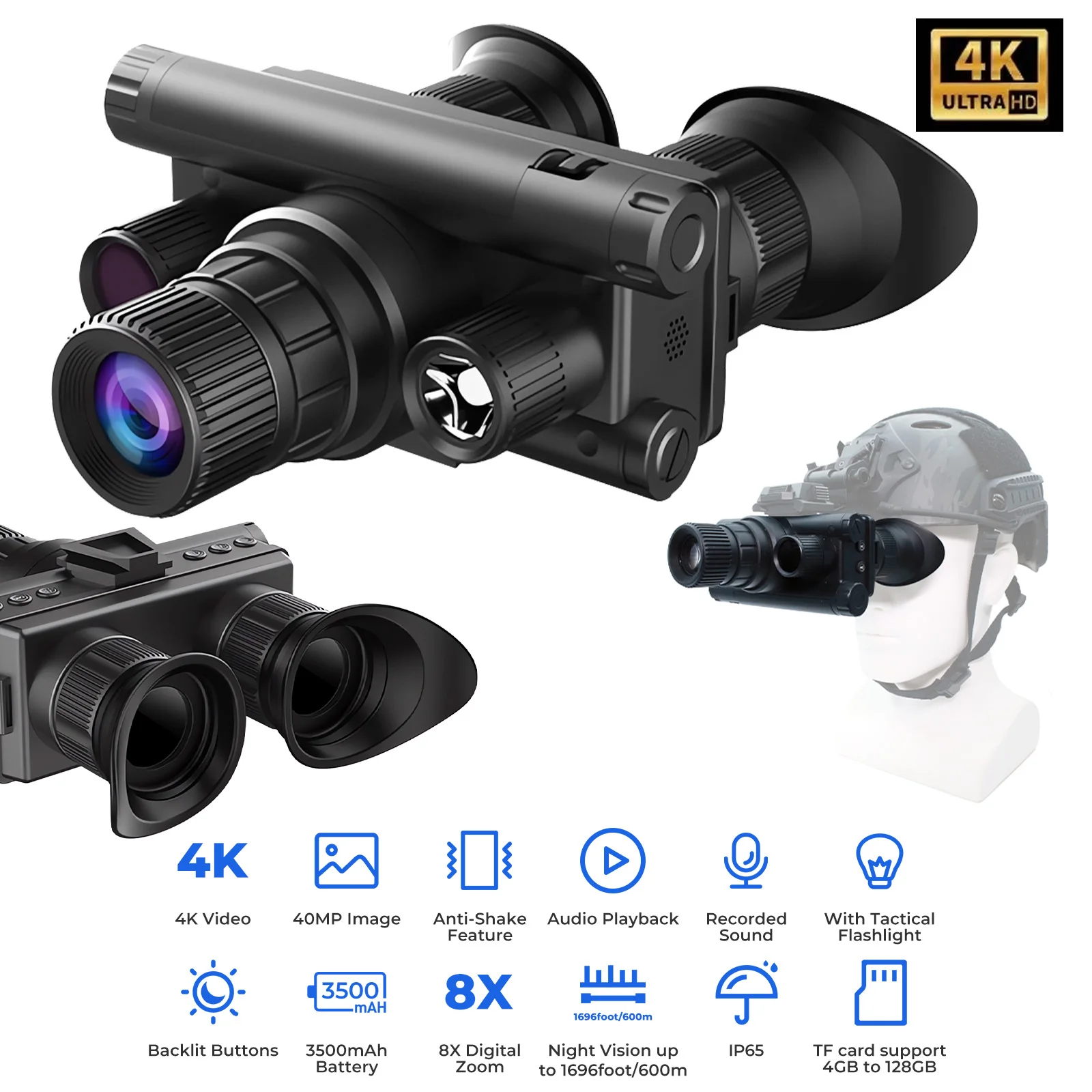 4K Night Vision 600m Hunting Binoculars Head Mounted Helmet 8x Zoom Z9157 NG Night Vision Goggles with Tactical Flashlight