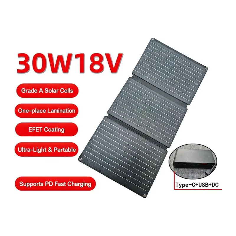 30W18V Solar Charging Folding Bag USB + Type-c Output Outdoor Portable Charging Panel Solar Panel