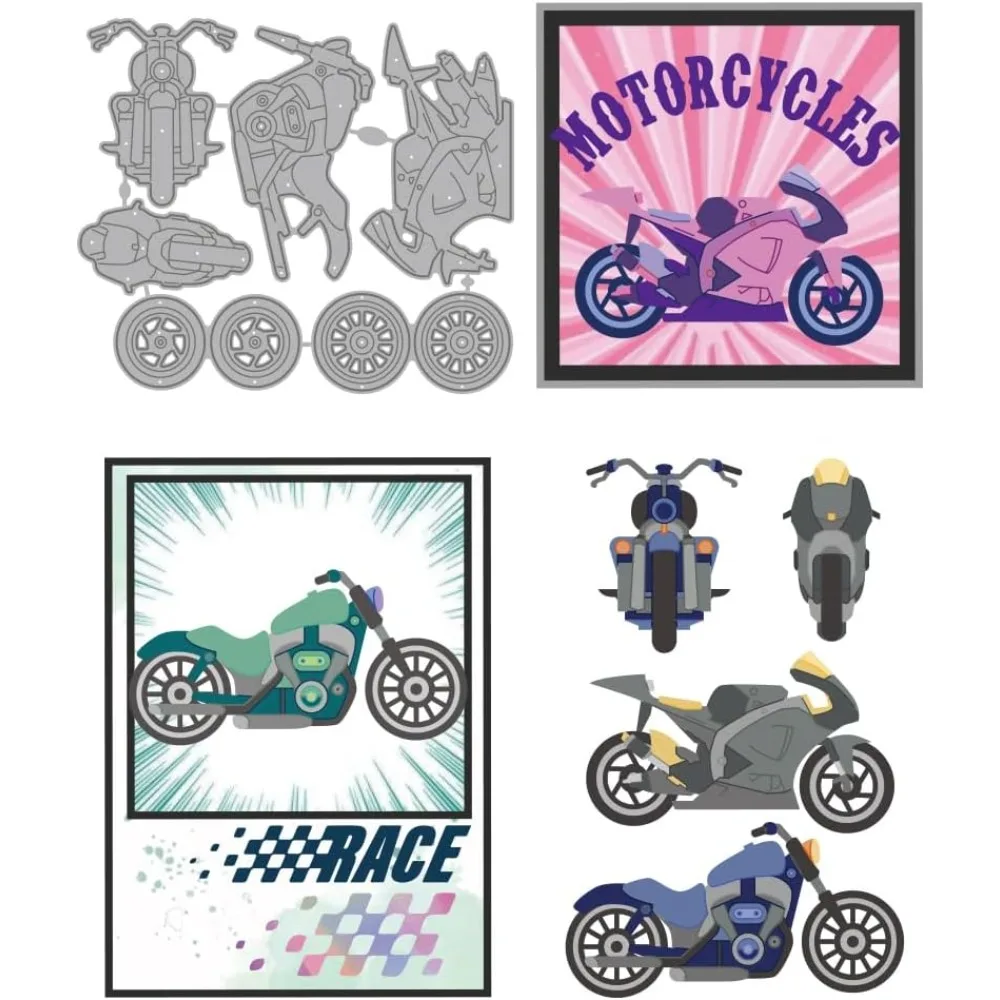 Motorcycle and Wheels Cutting Dies Motorbike Riding Metal Die Cuts Template Vehicle Hubs Machinery Embossing Carbon Steel