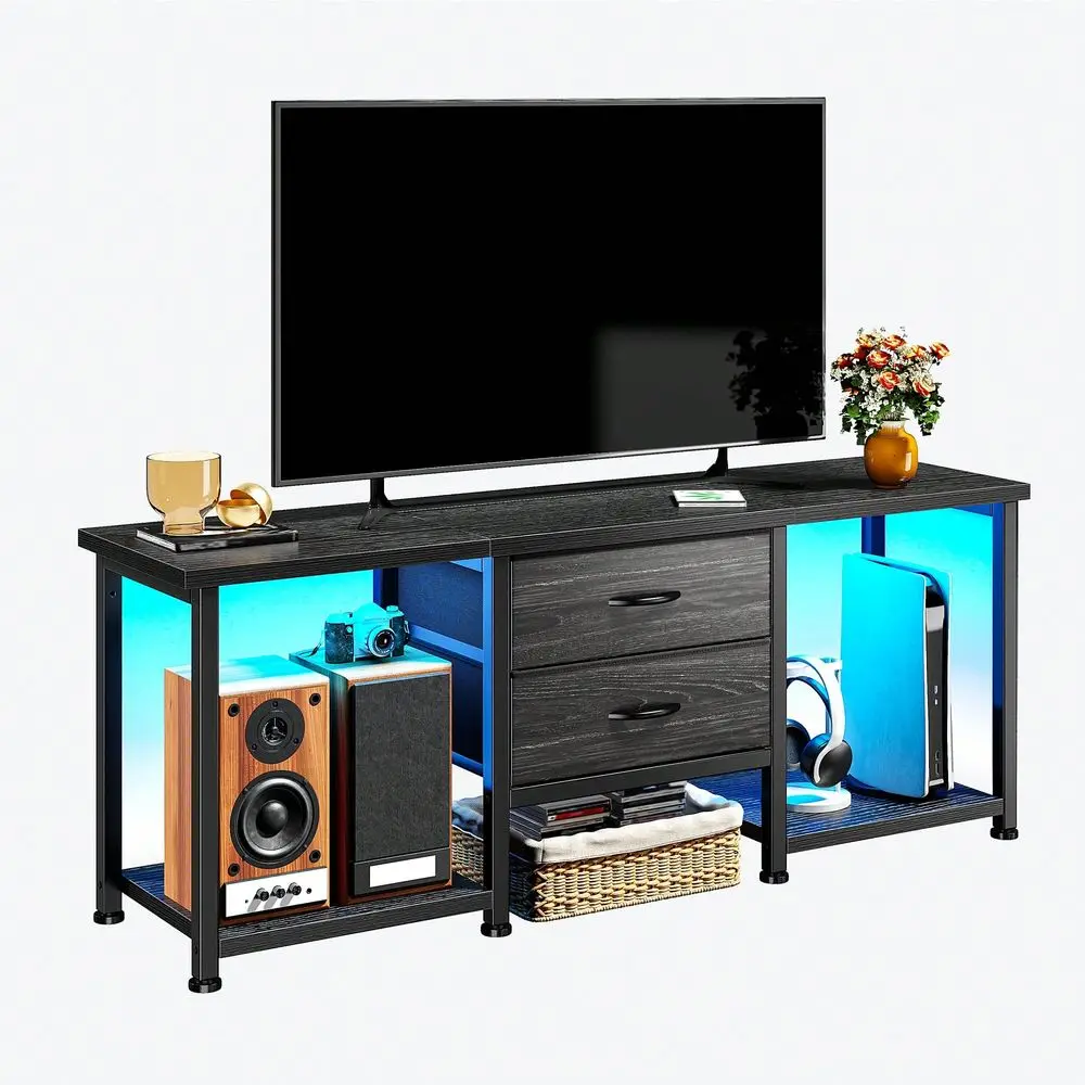 LED TV Stand With 2 Fabric Drawers 2 Open Storage Shelves, TV Console MultiFunctional Storage Cabinet For Living Room, Easy To