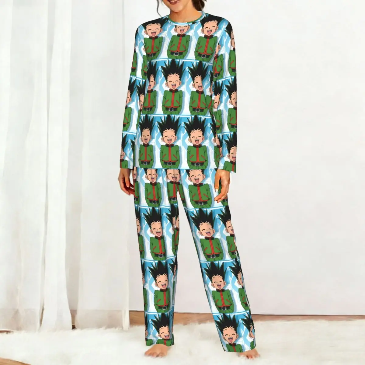 Anime Hunter X Hunter Round Neck Long Sleeves Nightdress for Sleeping Sleepshirts Women Loose Pajama Set Long Pants