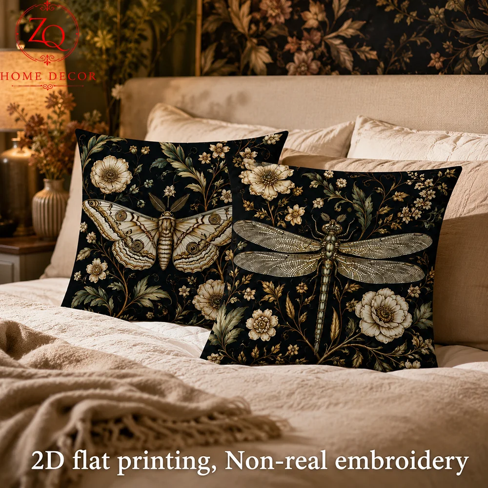 Dark Moth Throw Pillow Cover 2D Flat Printed Peach Skin Dragonfly Cushion Case Vintage Botanical Pillowcase Sofa Home Decor Gift