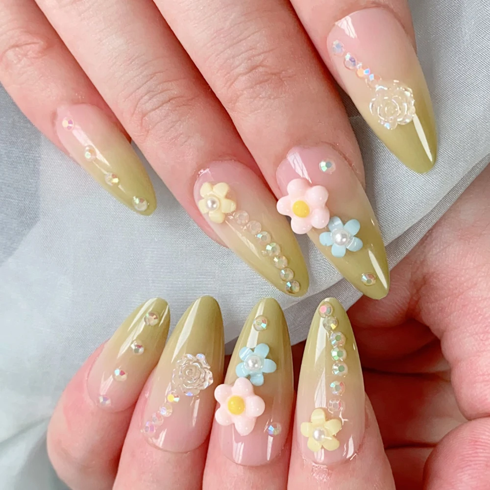 24 ピース/セット 3D フレンチグリーングラデーションプレスオンネイルロングアーモンド再利用可能な接着剤偽爪人工アクリルフルカバーネイル Ti