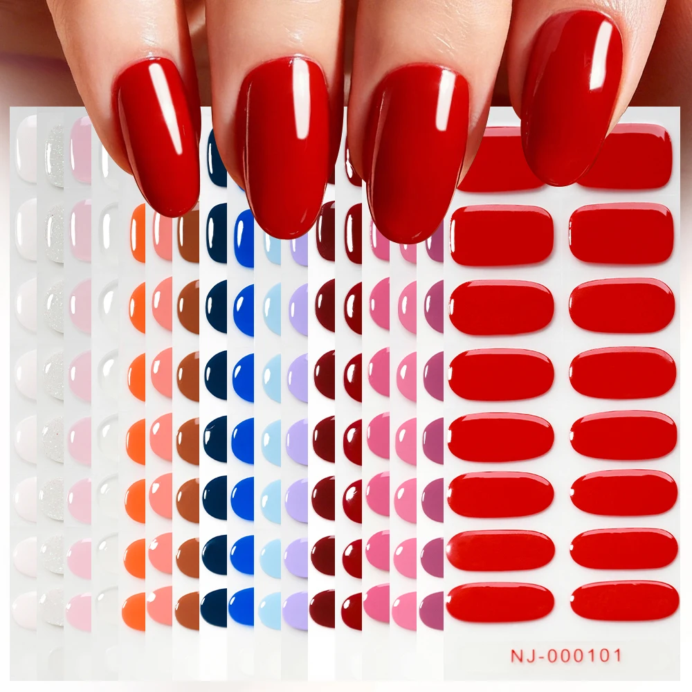 16Tips Semi-Cured Gel Nail Sticker Pure Color Gel Nail Polish Wraps Long-Lasting Full Cover Nail Strips Patch UV/LED Lamp Need