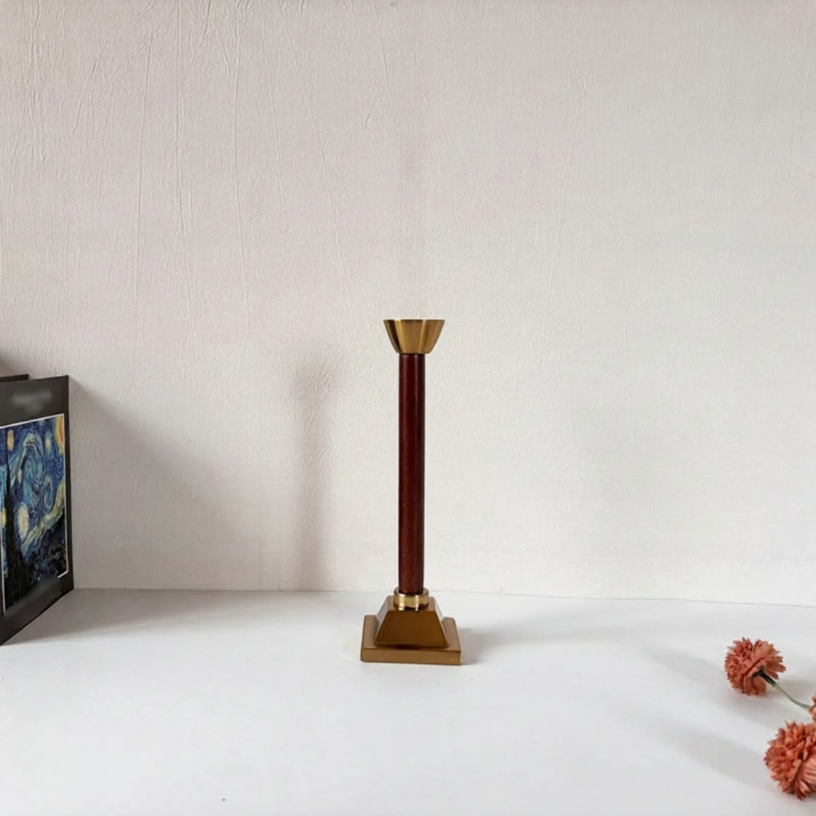 Candle Holder with Geometric Base Wood-Toned Tabletop Candlestick Decorative Candle Holder Slender Sturdy for Home Decor
