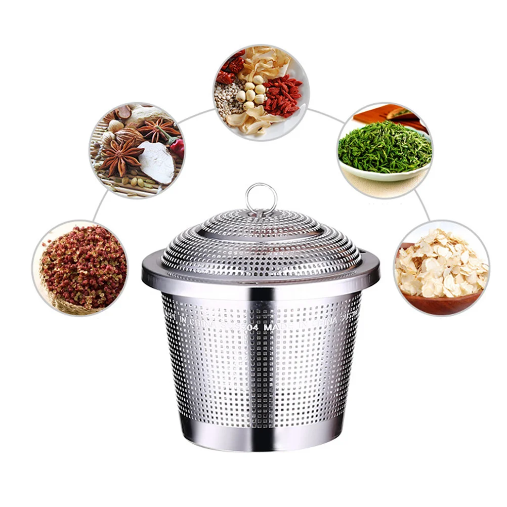 

Flat-Bottomed Stainless Steel Tea Strainer for Loose Leaf Tea Soup Cooking Drip Tray Size M with Extra-Long Chain Leaf Strainer