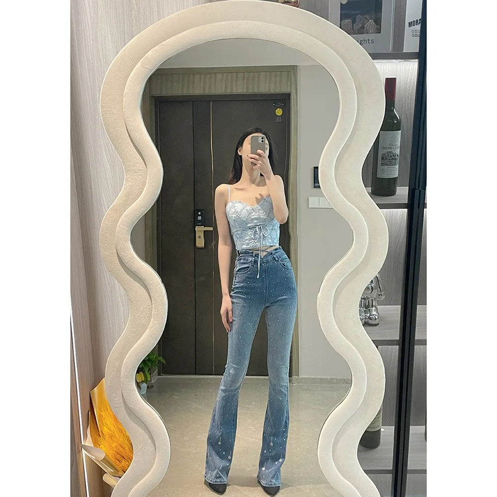 

Джинсы-клеш Sun Ya из хлопка с высокой талией, эластичные, весенние, новые, блестящие, длинные брюки, женские модные джинсовые брюки