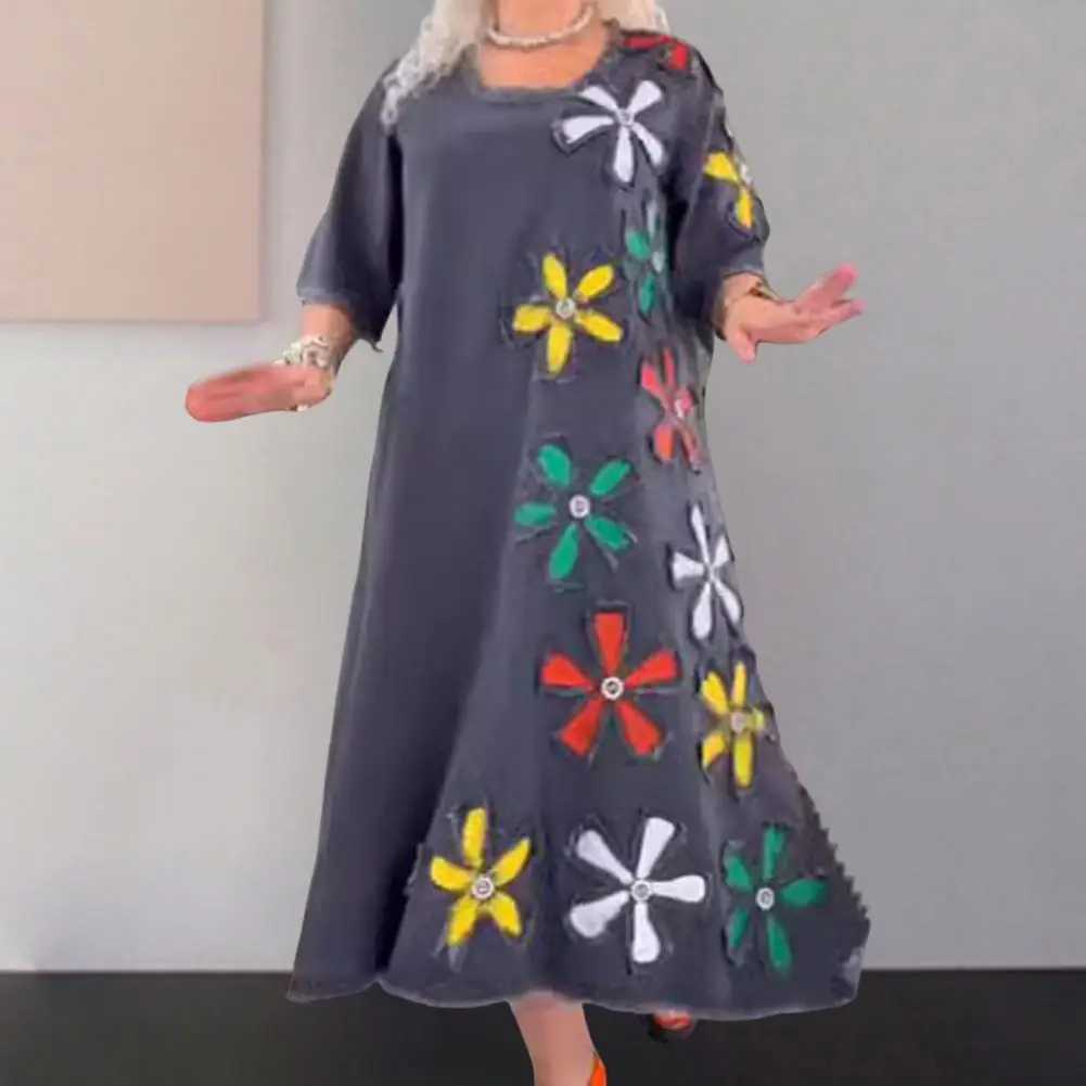 

Printed Dress Women Dress Elegant Floral Patch A-line Midi Dress with Ripped Hem Three Quarter Sleeves Women's Round for Wear