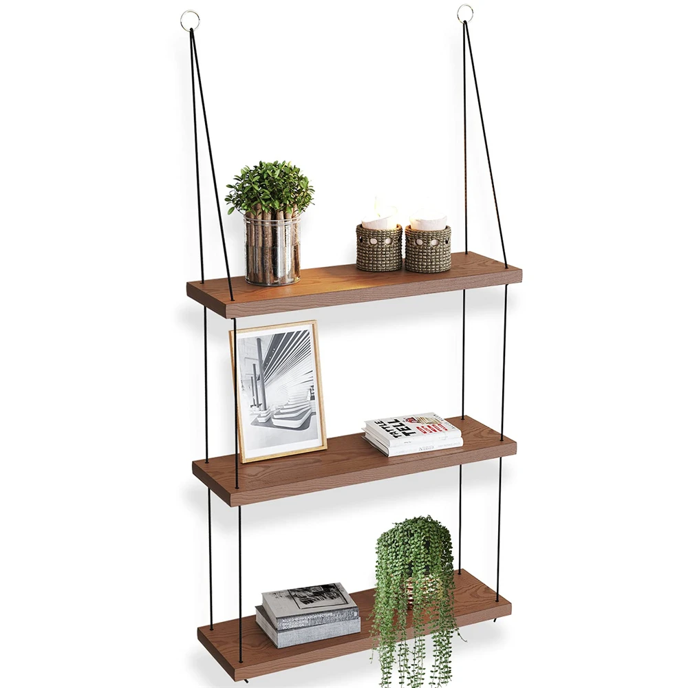 Wood Floating Shelf 3 Tier For Wall Cute Boho Plants Shelves Plant Shelves for Bedroom Living Room Decor Macrame Floating Shelf