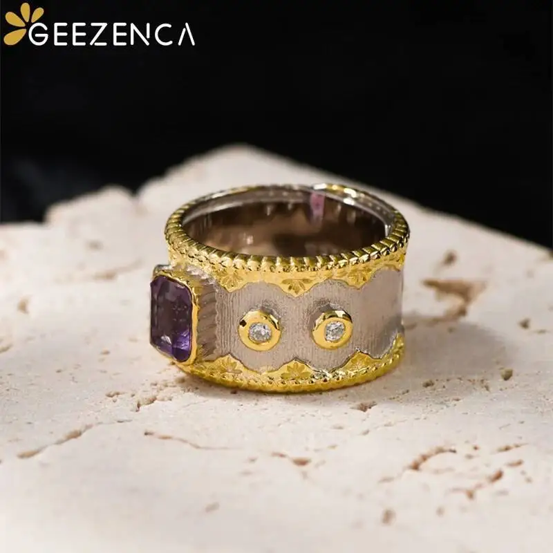 GEEZENCA Natural Amethyst 925 Silver Two Tone Chunky Rings Luxury Cocktail Ring Clearance Limited Stock First Come First Get