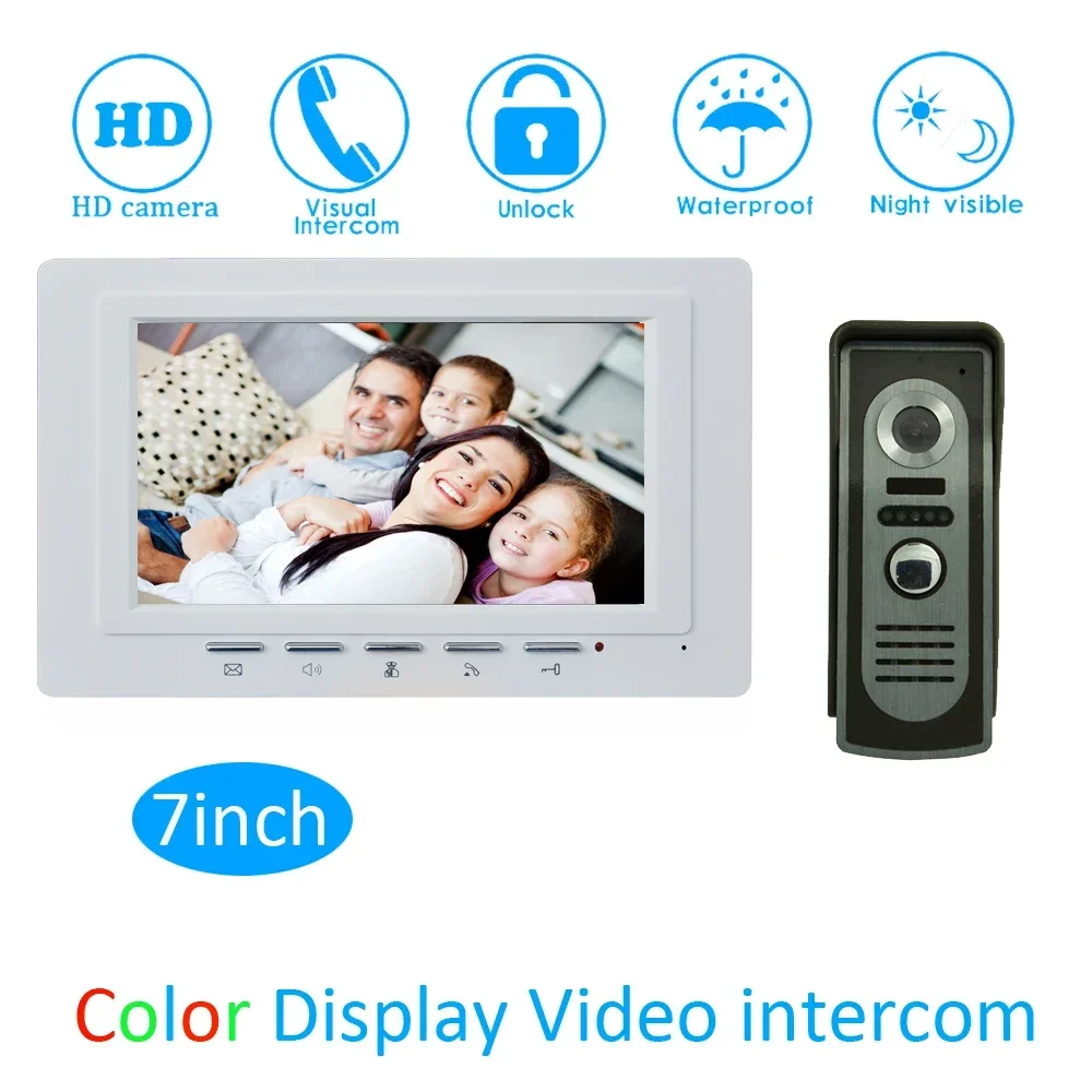 Home Use Video Door Phone Wire Intercom System 7" LCD Color Screen Waterproof Camera Door Bell Ringtone Talk Back for Visitor