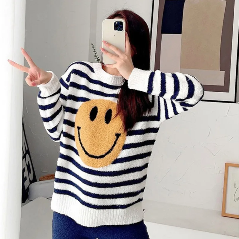 Cartoon Smiling Pajamas Women's Spring Autumn and Winter Striped Long-sleeved Thickened Coral Fleece Outwear suit Two-piece Set