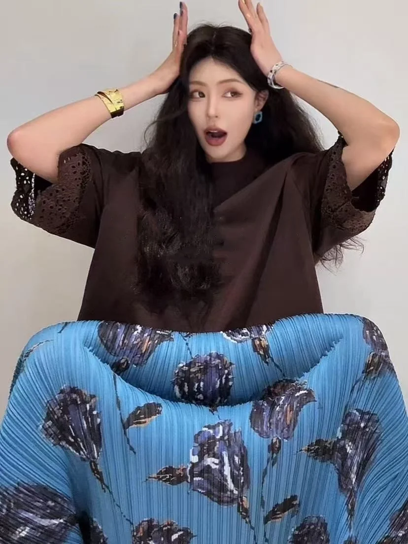 

Ethnic Style Pleated Skirt High Waist A-Line Midi Skirt Slimming Large Size Vintage Gored Skirt Summer Commute Fashion
