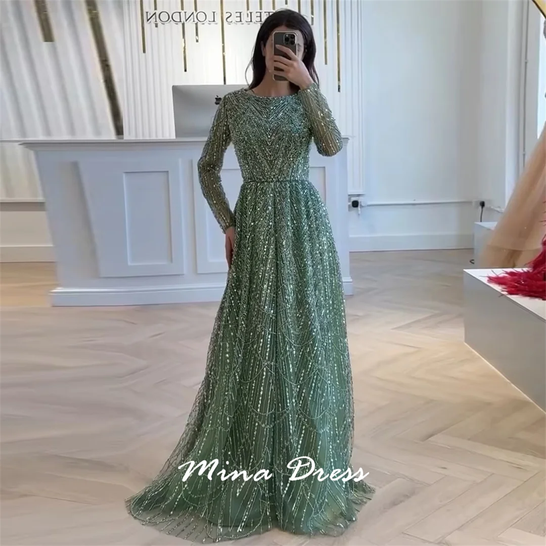 Mina Customized Beads Luxurious Women's Evening Dresses for Formal Occasions Sequins. Long Sleeves Round Neck Luxury Party Dress