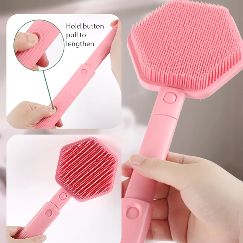 Silicone Back Scrubber Brush for Shower Extendable Long Handle Body Deep Cleansing and Exfoliating Massage Double-Sided Bristle