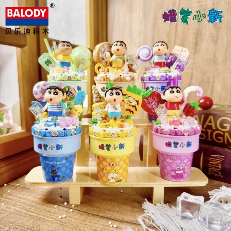 BALODY Crayon Shin-chan Ice Cream Series Building Block Kawaii Toys Collectible Models Desktop Ornaments Children's Holiday Gift