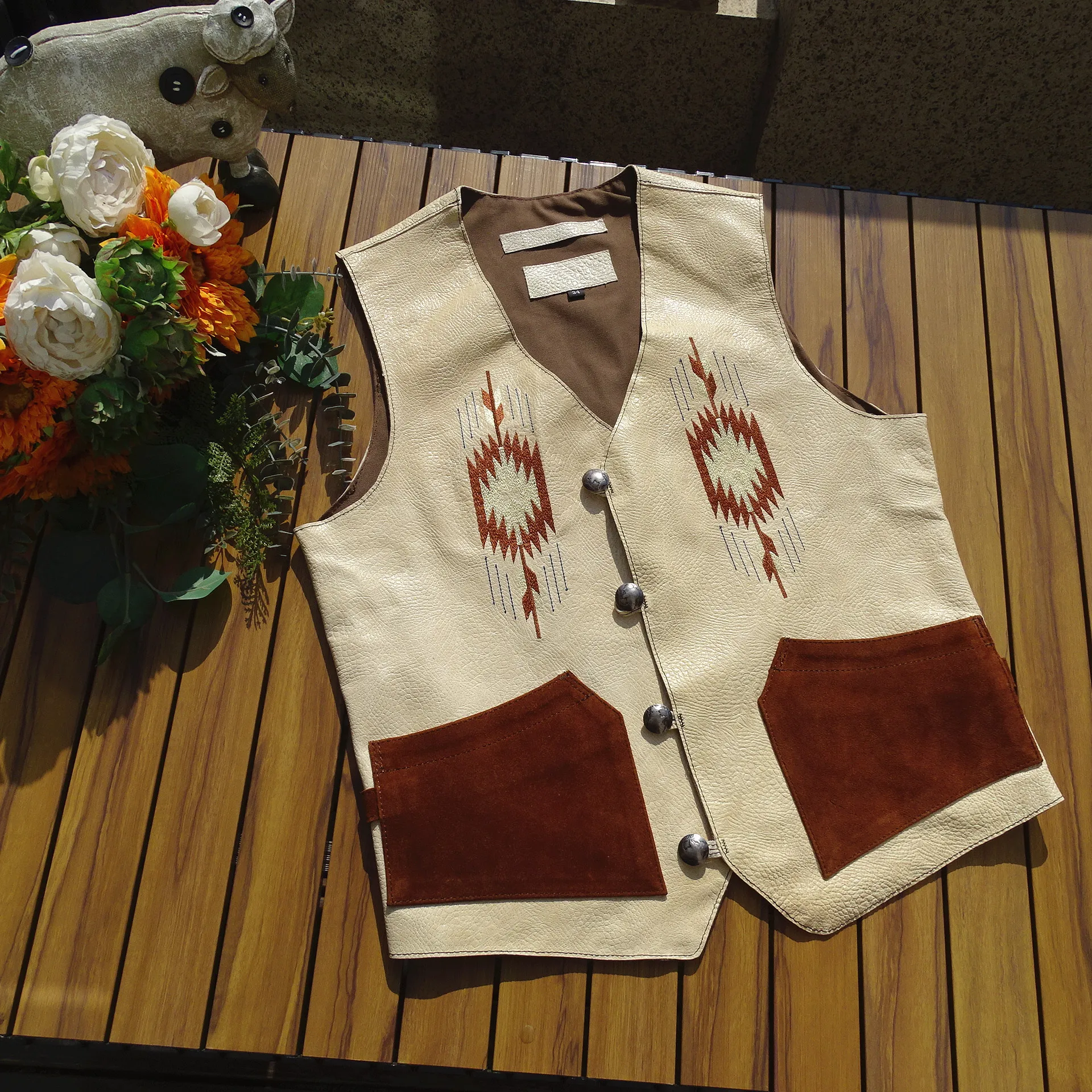 [Southwest Pattern Totem Embroidery] RRL American Vest Original Vegetable Tanned Coarse Grain Goat Skin