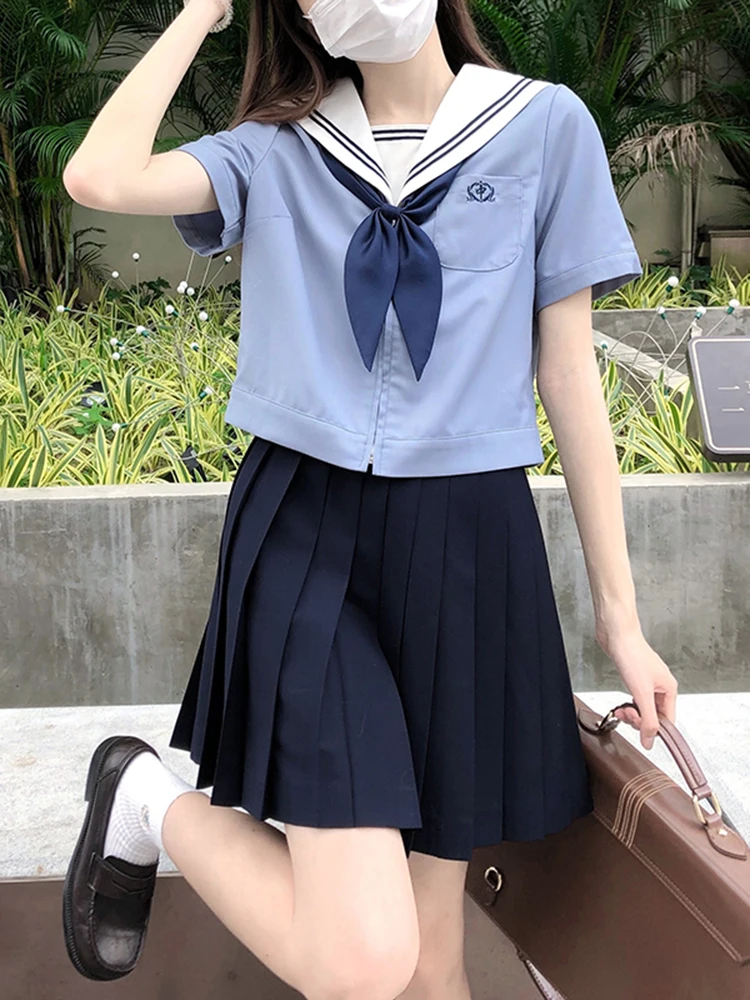 Japanse Preppy Stijl Jk Rokken Set Matroos Kraag Korte Mouw Geborduurde Rits Top Hoge Taille A-Lijn Geplooide Mini Rok Vrouwen