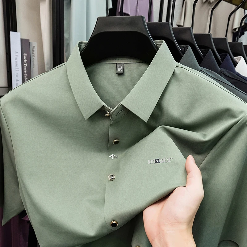 Luxury brand ice silk short sleeve men's shirt letters embossed new summer high-end breathable comfort business casual lapel top