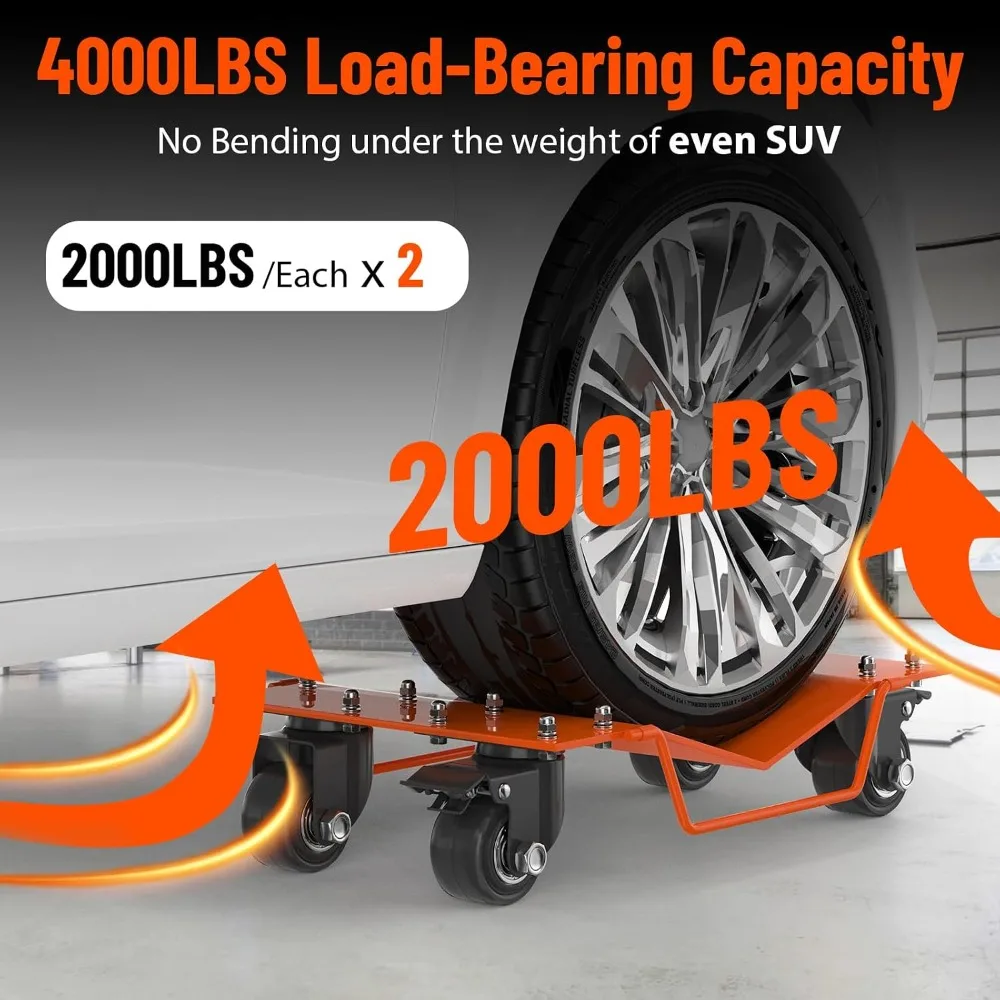2 pièces de chariots de déplacement robustes pour camionnette, capacité 2000 lbs, ensemble de patins à roulettes pour le positionnement des véhicules, chariots de remorquage pour garage, atelier, SUV, berline.