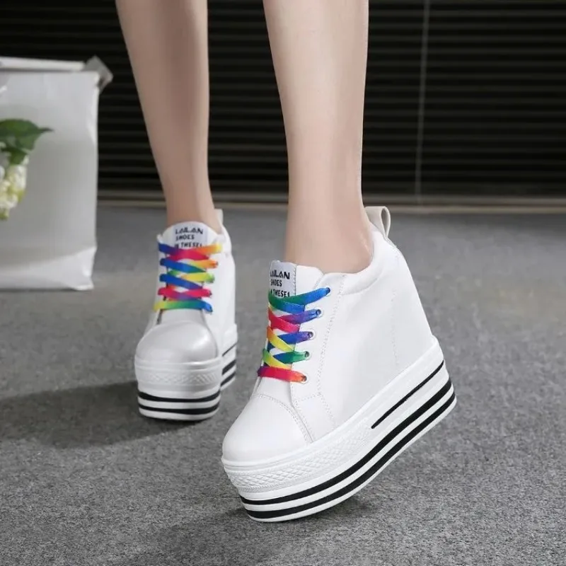 2023 New 12CM Heels Wedge Canvas Shoes Woman High Platform Sneakers Vulcanized Shoes Hidden Heel Height Increasing Casual Shoes