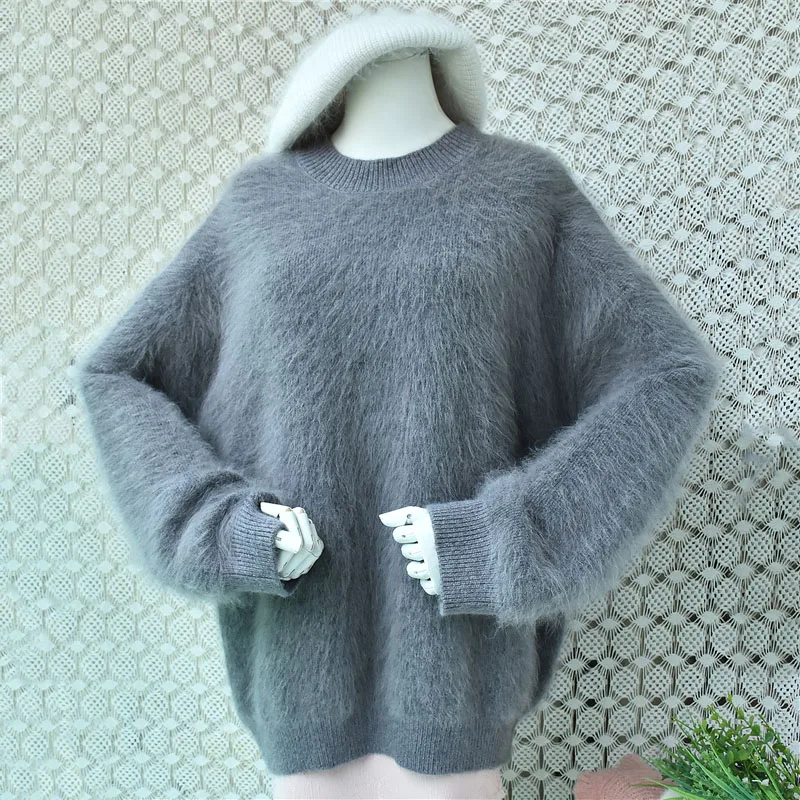 Heavy Thick Warm Women Hairy Angora Rabbit Hair Knitted O-Neck Long Sleeves Loose Mink Fur Sweater Jumper Fall Winter Pull Tops