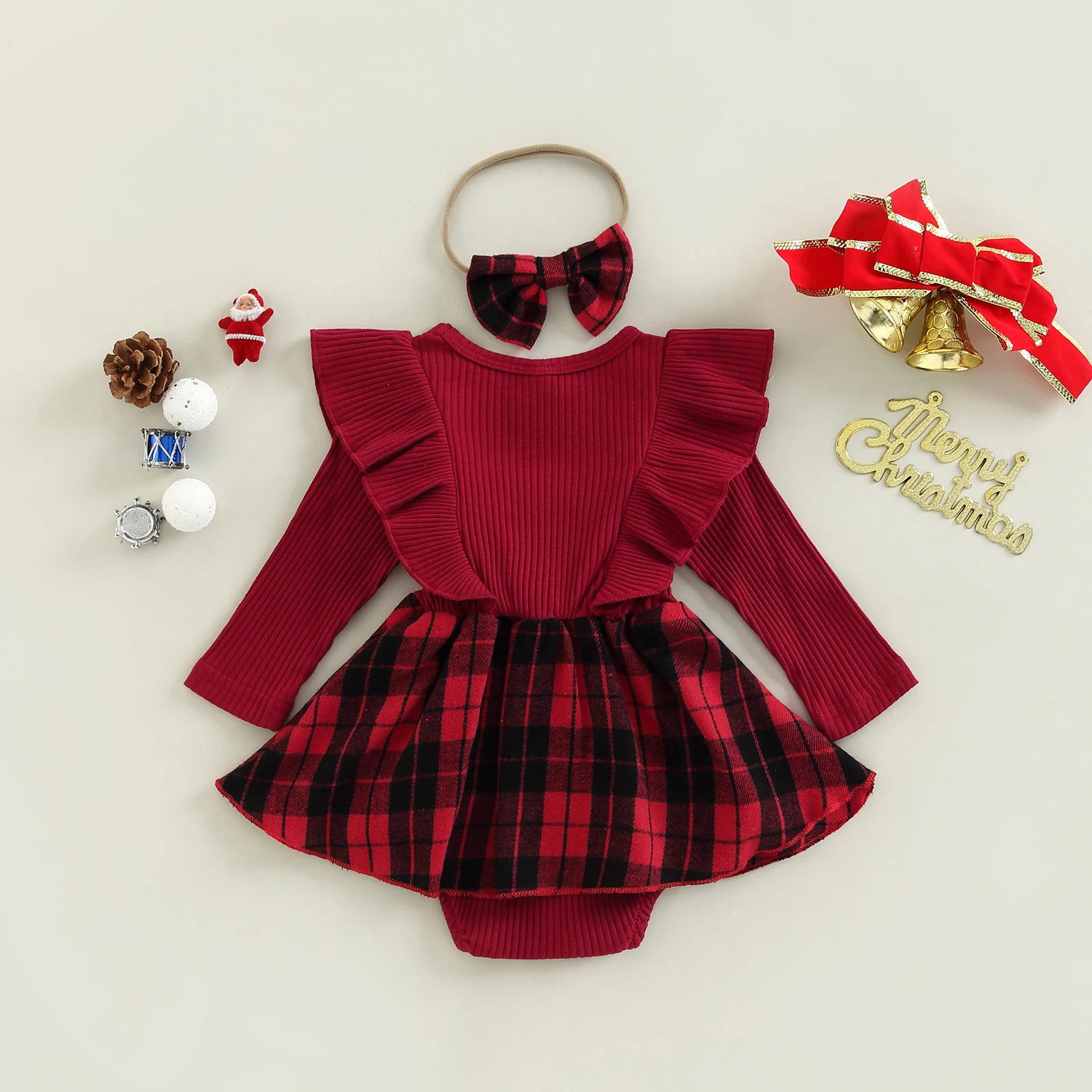 Tregren 0-24M Infant Baby Girls Romper Dress Plaid Round Neck Ruffles Long Sleeve Bowknot Skirt Hem Jumpsuits with Headband