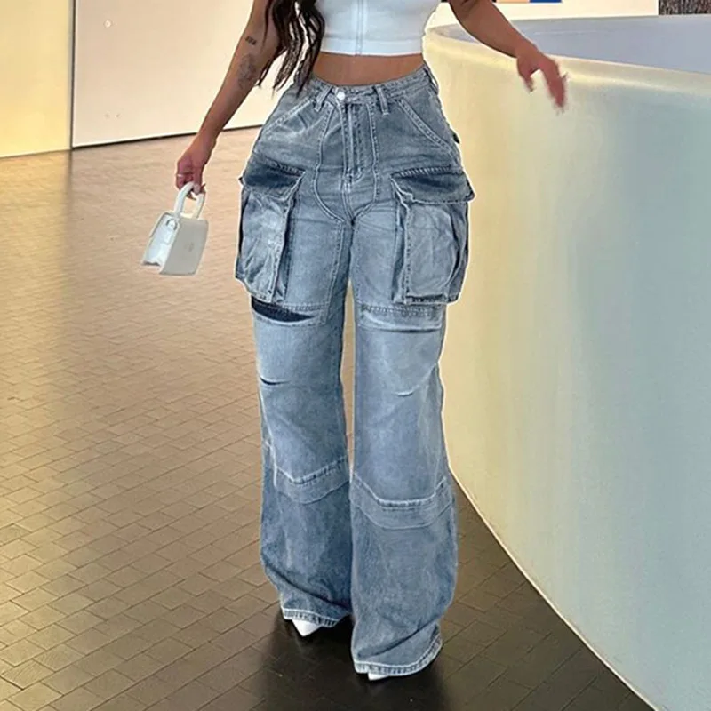 

Vintage Women Cargo Jeans with Big Pockets High Waist Zipper Fly Wide Leg Denim Pants 2023 Summer High Street Clothing Trousers