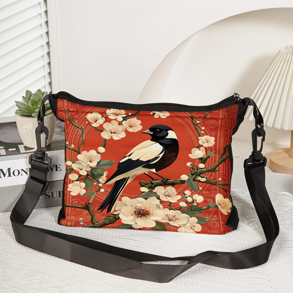 1pc Floral Bird Pattern Crossbody Bag Red With Cherry Blossom And Magpie Design Shoulder Bags For Women Casual Daily Use Travel