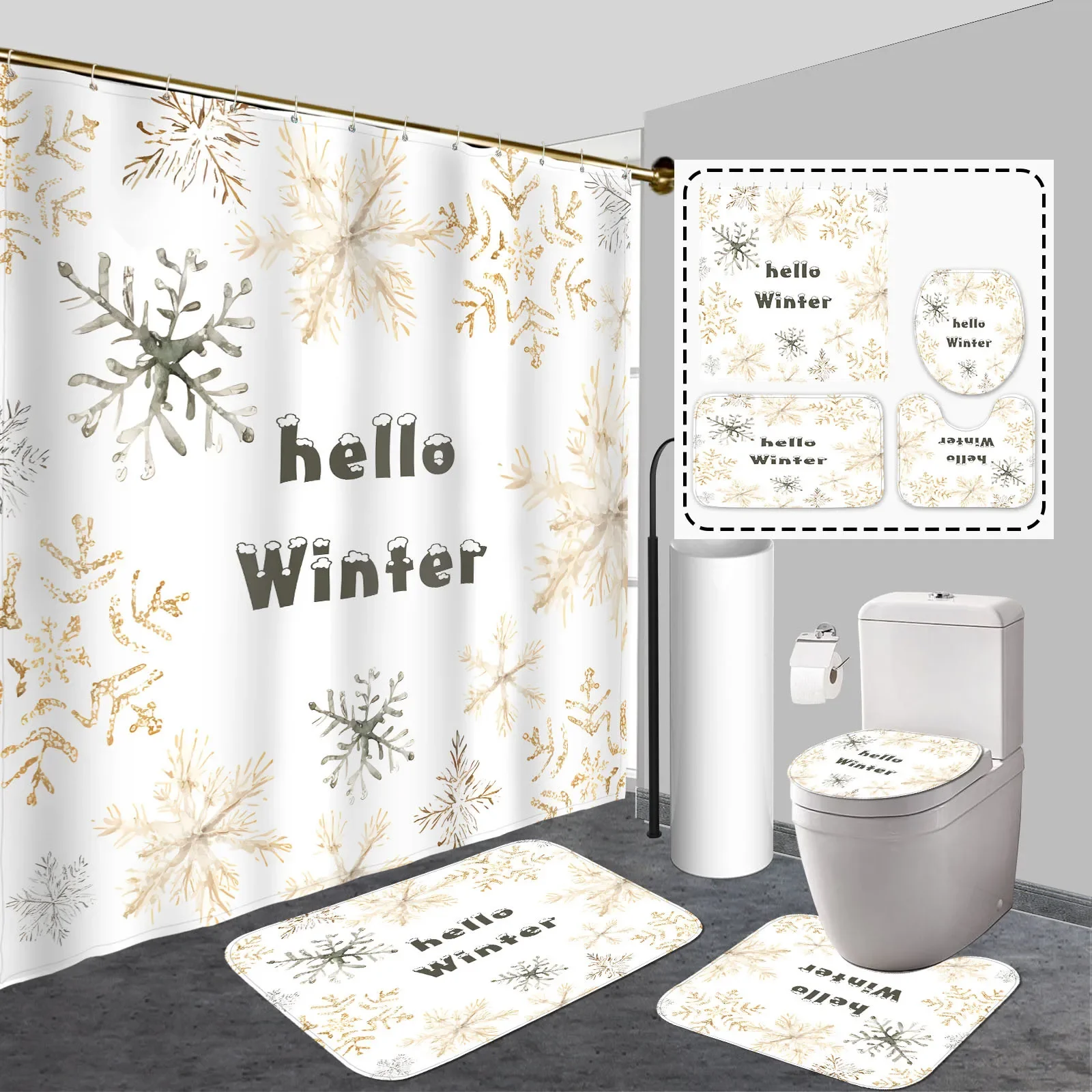 

4-piece winter bathroom decor set with snowflake and leaf pattern, including shower curtain, non-slip rug, toilet mat, cover