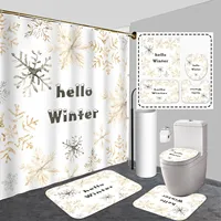 4-piece winter bathroom decor set with snowflake and leaf pattern, including shower curtain, non-slip rug, toilet mat, cover