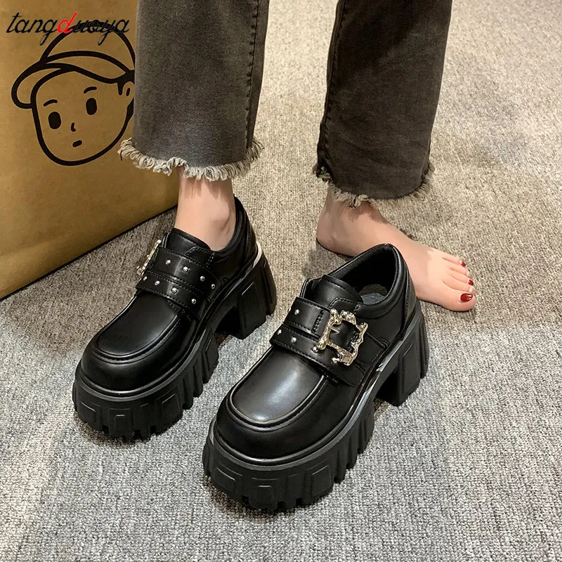 Punk Metal buckle Shoes Woman 2024 New Platform lolita shoes British Style Vintage brown Leather High Heels Woman Casual Loafers