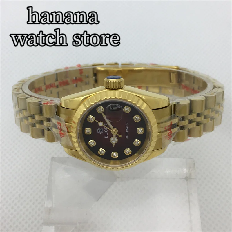 Bliger นาฬิกาทอง26มม. หรูหรานาฬิกาผู้หญิงญี่ปุ่น NH05หน้าปัดเพชรส่องสว่างด้วยมือกระจกแซฟไฟร์