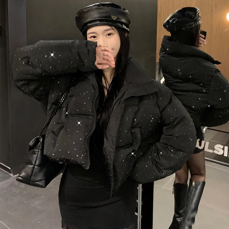 ZAROY Women's Thick Warm Cotton Jacket With Rhinestones Winter Casual Stand Collar Zipper Pocket Down Coat Puffer куртка