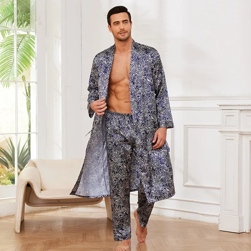 Men Homewear Print 2Pcs Robe Set Loungewear Spring Autumn Long Pants Male Satin Nightwear Fashion Casual Home Clothes