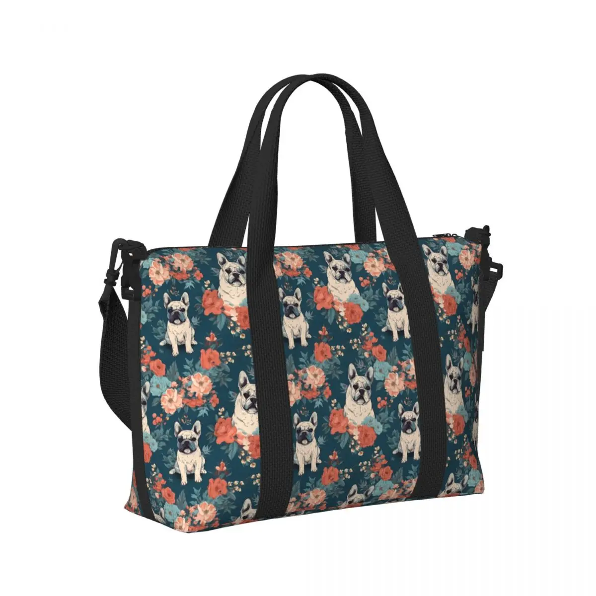 

French Bulldog Floral Print Beach Travel Bag Large Capacity Tote Bags for Gym Yoga Women Shopping Duffle Shoulder Bag