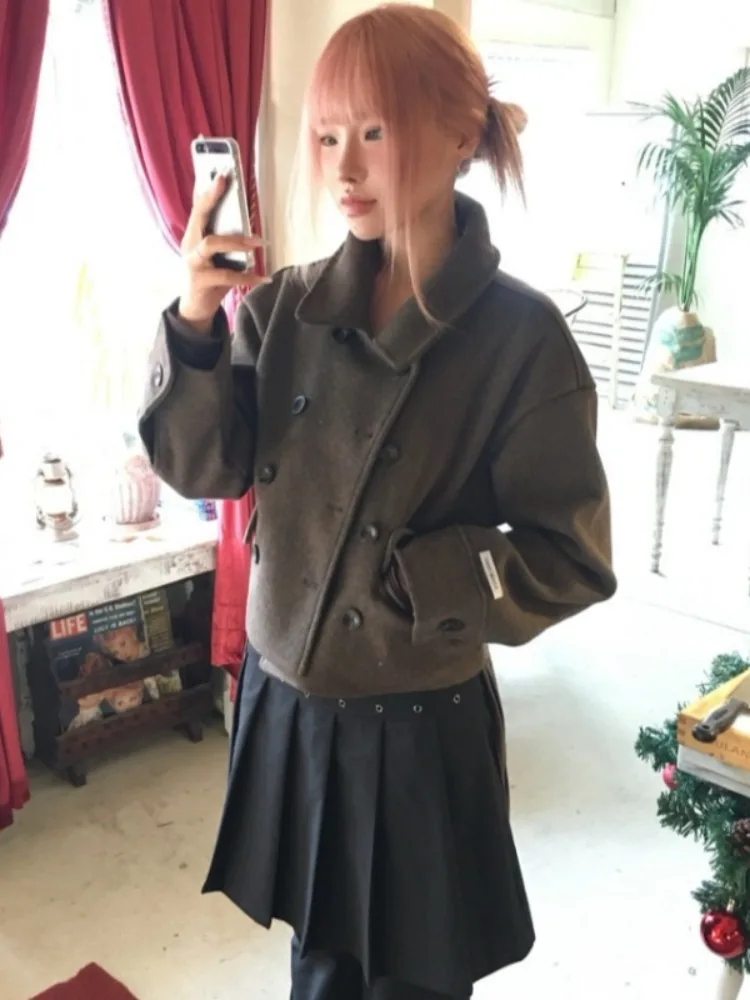 Korean Style Short Woolen Coat Women's Fashion Winter Coat with Pockets Double Row Buttons Spring Autumn Winter Outerwear