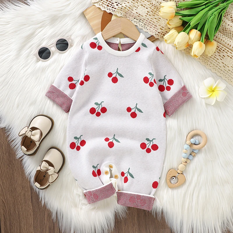 

Autumn Baby Romper Knitted Infant Boys Clothes Overalls 0-18M Fashion Cute Cherry Warm Newborn Girls Jumpsuit Outfit Long Sleeve