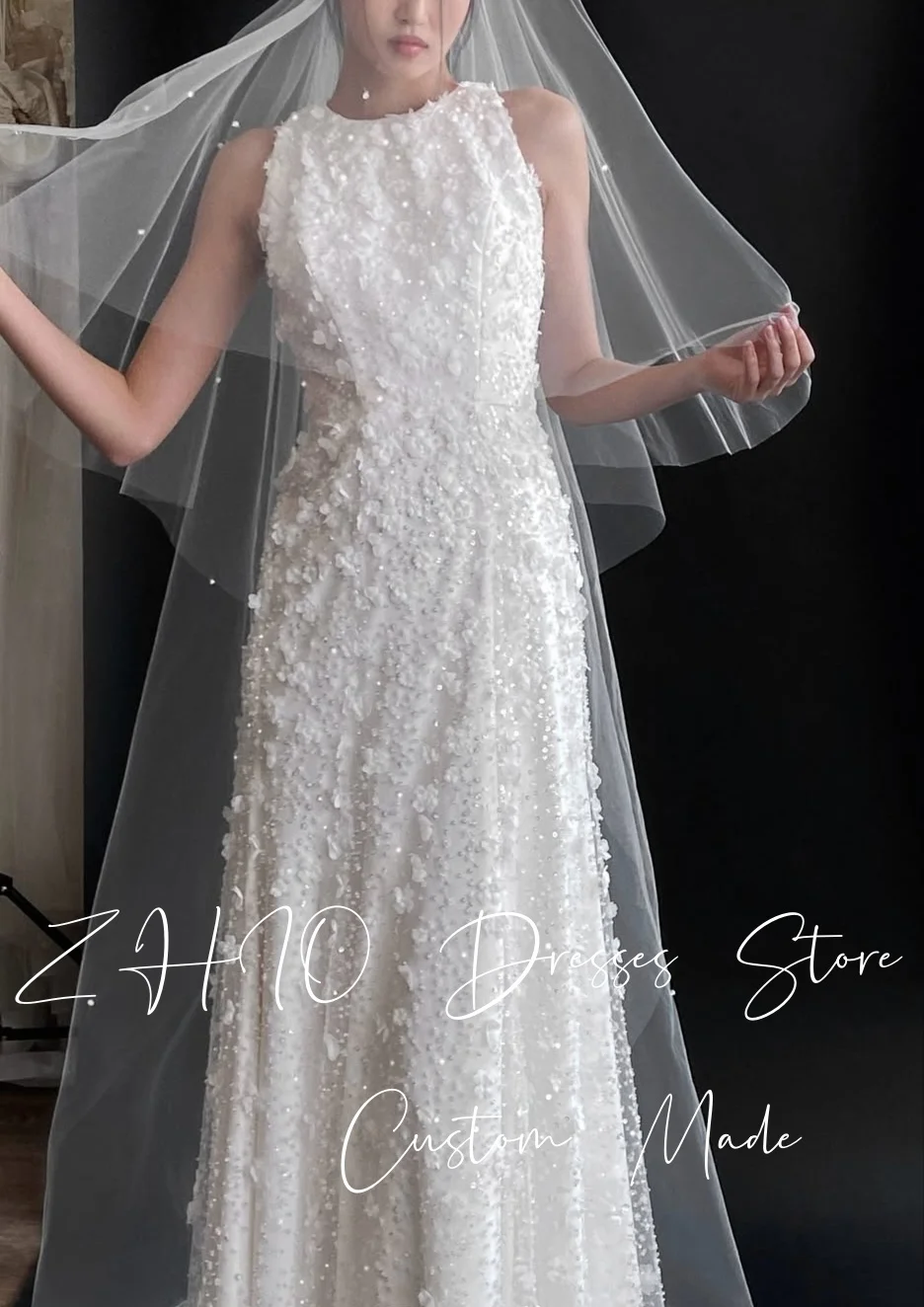 ZHIO 絶妙なアップリケのウェディングドレス O ネックノースリーブアイボリーサテン韓国写真撮影ブライダルドレスカスタマイズされたエレガント 웨딩드레스