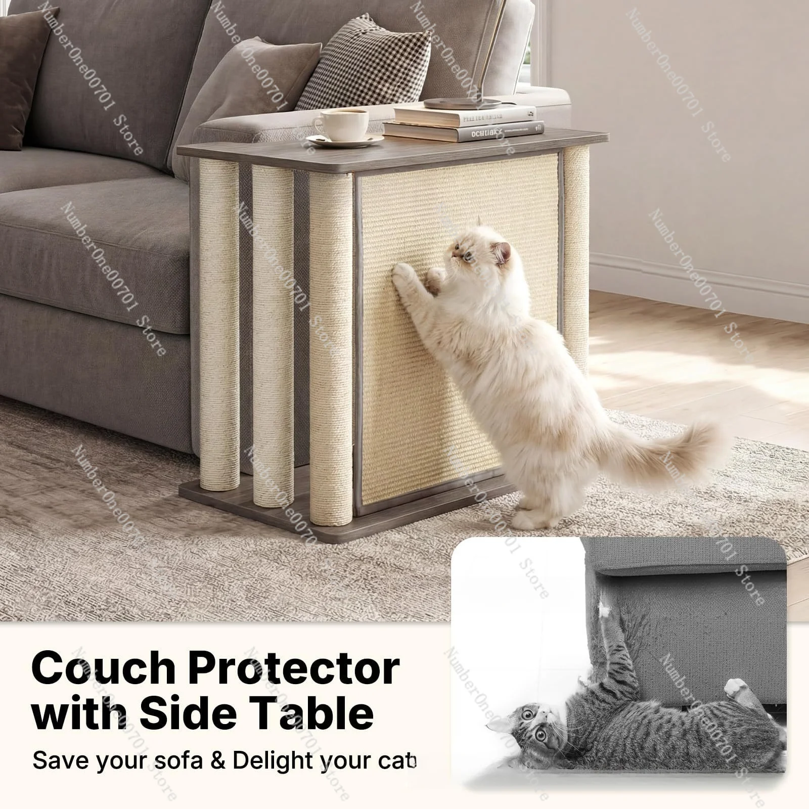 CatPaw Shape Cat Tree End Table with Scratch Board&Scratching Post, Indoor Pet Sofa Side Rest Furniture for Cats Daily Grinding view 3