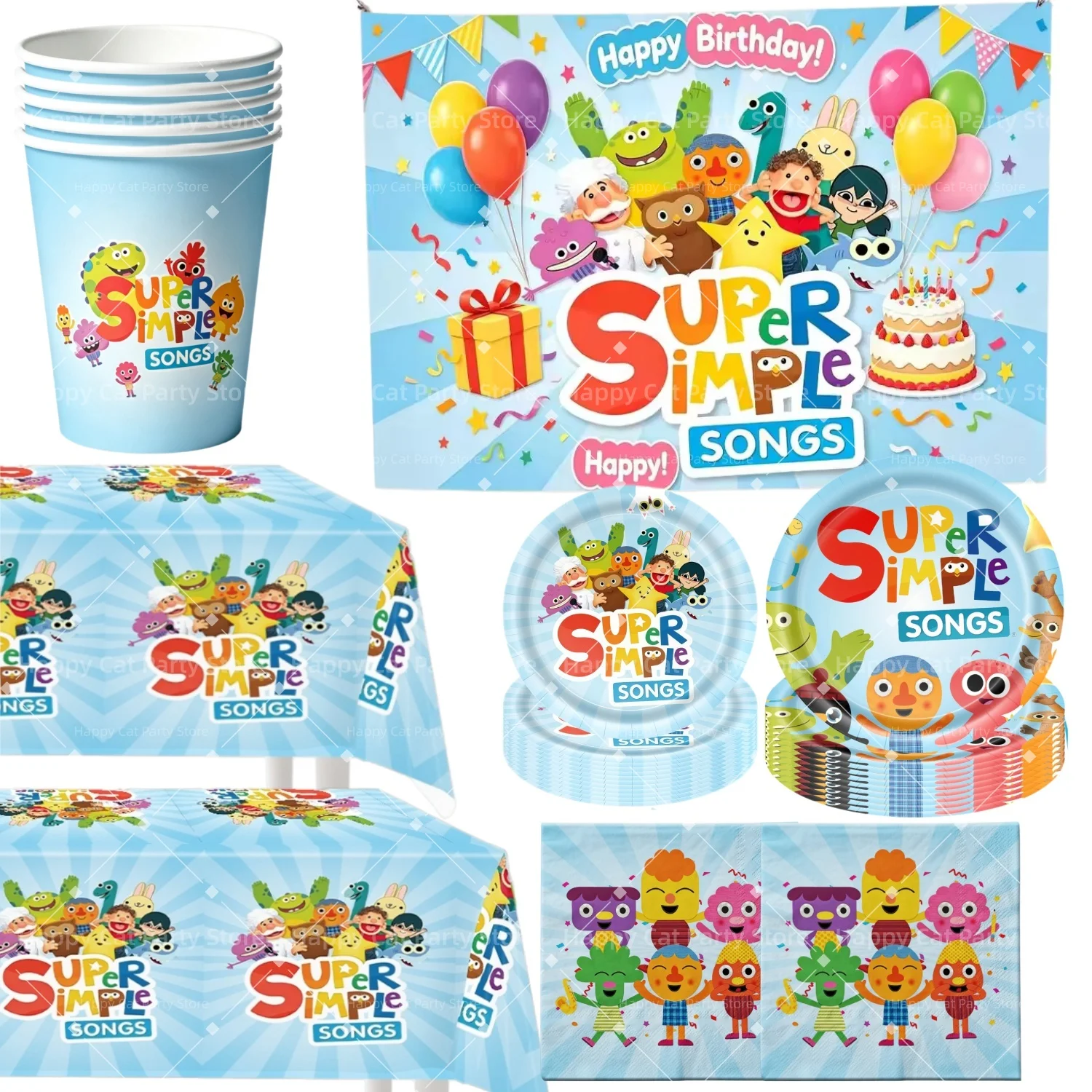 Party Games Simple - Super eenvoudige liedjesverjaardagsdecoratie, servies, tafelkleed, papieren